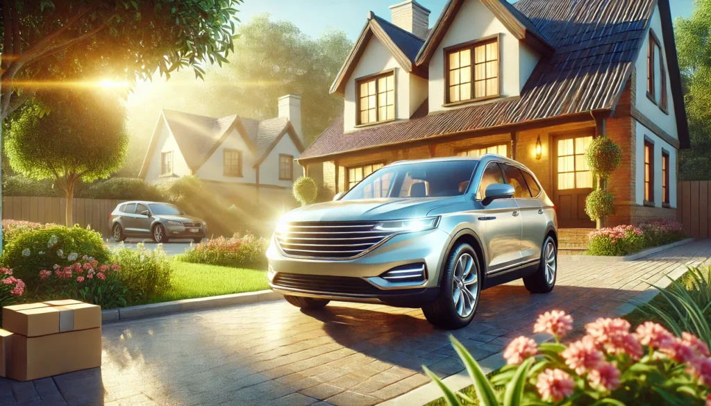 A peaceful driveway with a shiny, new family car parked in front of a suburban house, evoking the financial goal of saving for a major vehicle purchase.