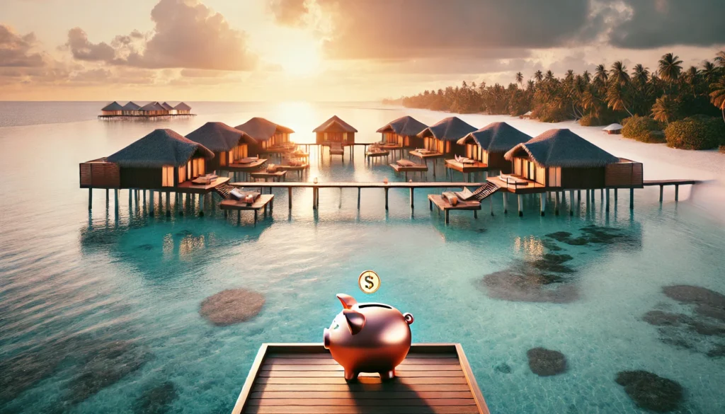 A picturesque tropical beach with luxurious overwater bungalows and calm, crystal-clear waters, representing the dream of saving for a memorable vacation.