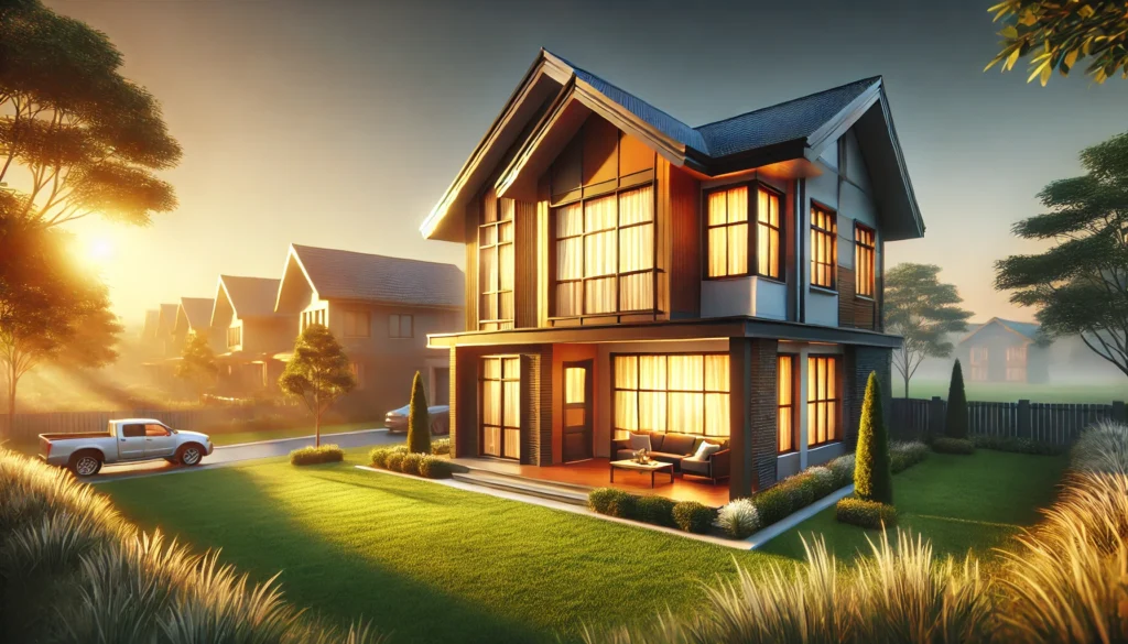 A newly constructed, modern two-story house with a spacious front yard and large windows, depicting the accomplishment of saving for a dream home.