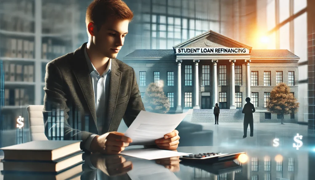 A young professional at a desk reviewing financial documents, with a blurred university campus in the background. The modern office setting and soft lighting convey responsibility and optimism about student loan refinancing