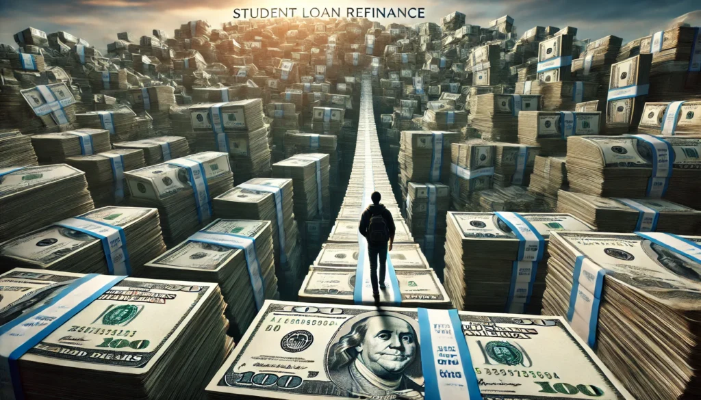 A conceptual image symbolizing student loan refinance—a person carefully walking on a narrow bridge made of stacked dollar bills, spanning across a vast financial landscape, representing the delicate balance of managing a 30-year repayment plan under the uncertainty of dusk