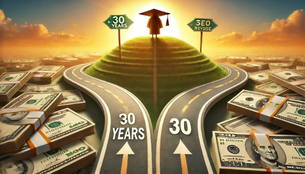 A symbolic image depicting financial relief through student loan refinance—a person standing at a crossroads with two diverging paths, one leading to a long, winding 30-year route and the other a steeper but shorter incline, framed by a golden sunrise, representing hope and financial choices