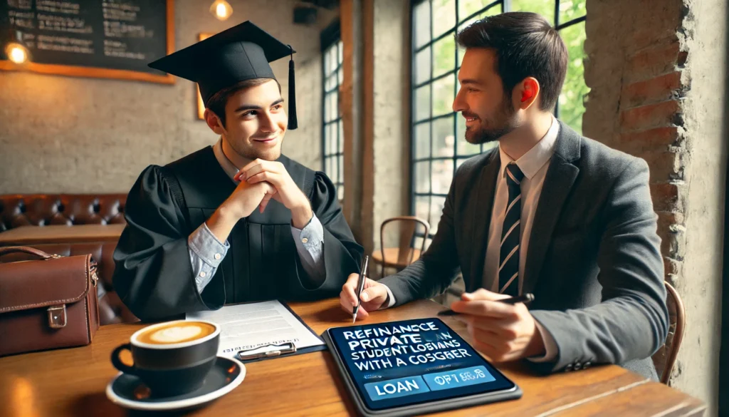 A college graduate sitting at a coffee shop, engaging in a discussion with a financial advisor about loan refinancing. The graduate holds a pen and paperwork while the advisor points to a tablet displaying loan options, symbolizing informed decision-making in refinancing private student loans with a cosigner