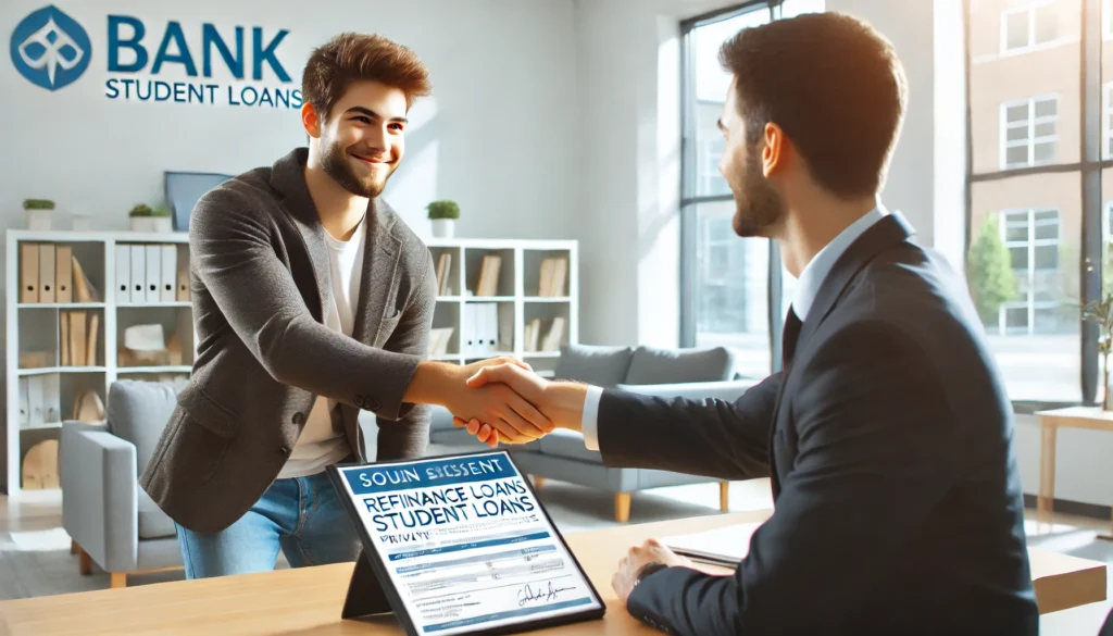 A young professional shaking hands with a bank representative in a bright, modern financial office. Loan documents are placed on the table, symbolizing confidence and success in refinancing private student loans with a cosigner