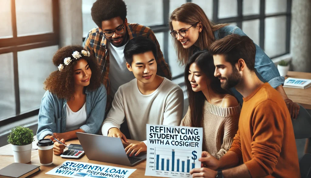 A diverse group of young professionals collaborating in a shared workspace, engaged in discussion over financial charts and data on a laptop. The scene represents strategic decision-making in refinancing private student loans with a cosigner