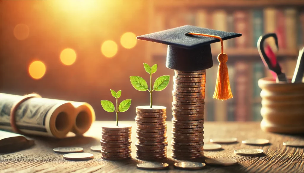 A symbolic visual of financial growth, featuring a stack of coins topped with a graduation cap, representing student loan refinancing and financial success. The warm, softly blurred background creates an inspiring and optimistic atmosphere