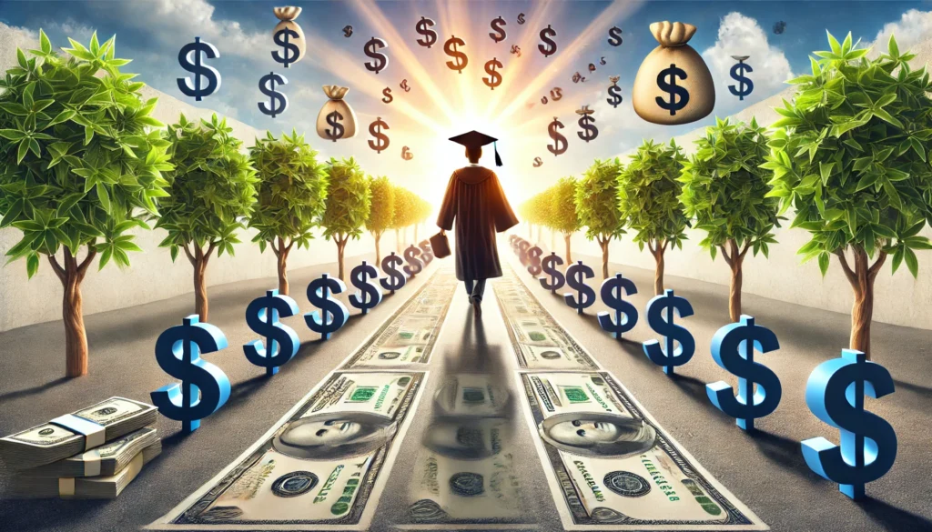 A college graduate confidently walking on a pathway toward financial freedom, symbolized by dollar signs and financial growth imagery under a bright, optimistic sky.
