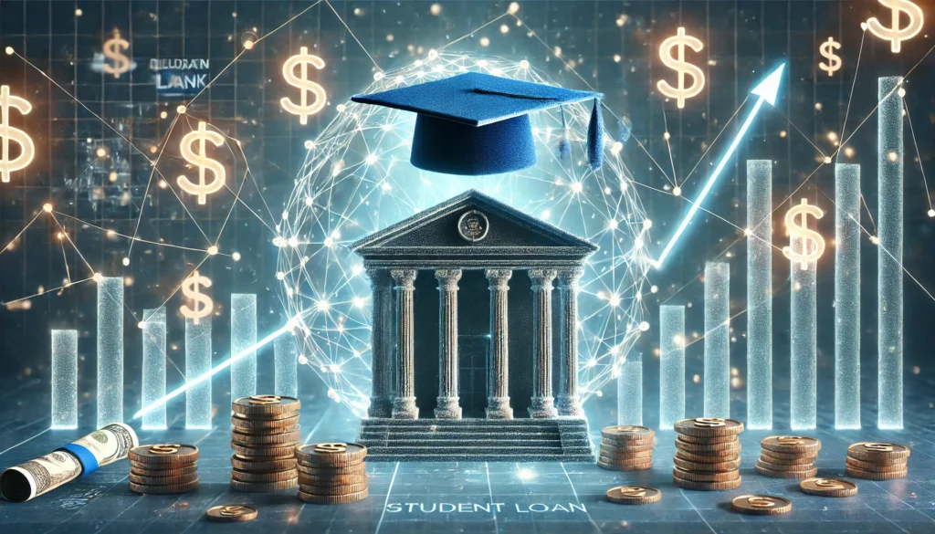 A futuristic digital representation of financial stability, featuring a glowing network of interconnected financial symbols like a graduation cap, bank, coins, and upward graphs, symbolizing student loan strategies and economic success.