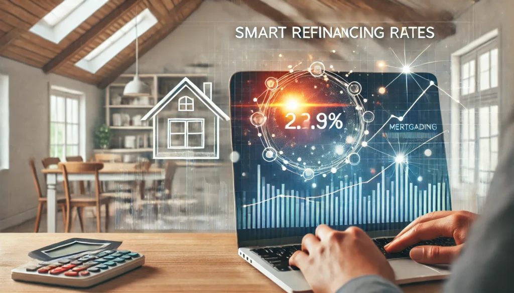A person looking at a laptop screen displaying financial graphs and mortgage interest rates in a bright, modern home office, symbolizing smart refinancing decisions and financial empowerment.