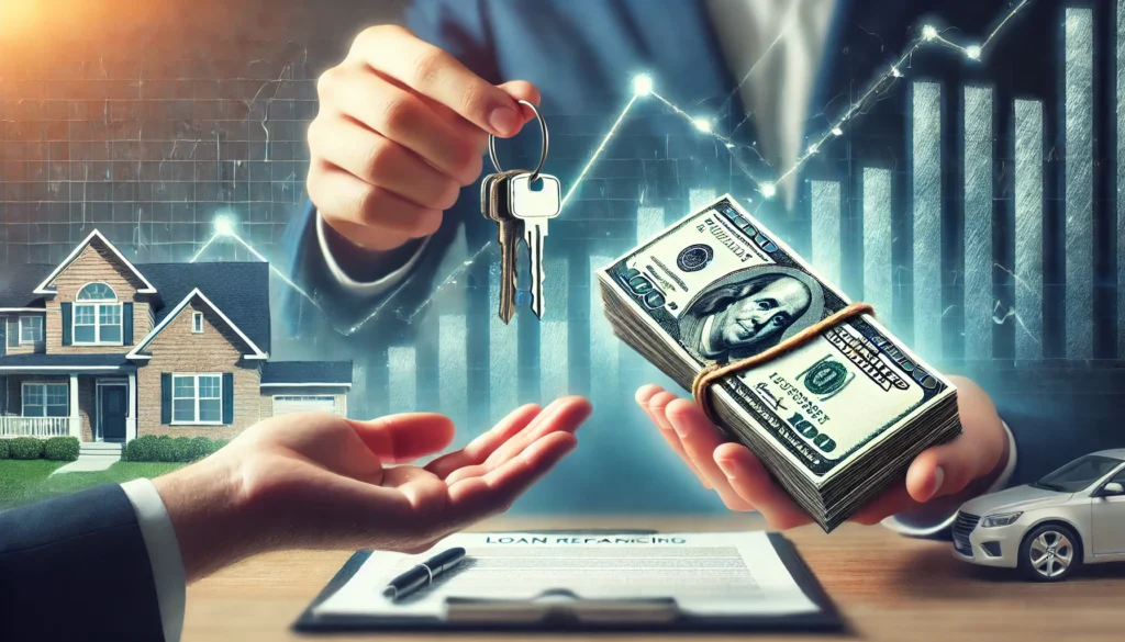 A symbolic image of loan refinancing. A person handing over a set of keys while another holds a stack of cash, representing the exchange of financial agreements. The background features a blurred financial chart indicating stability and growth