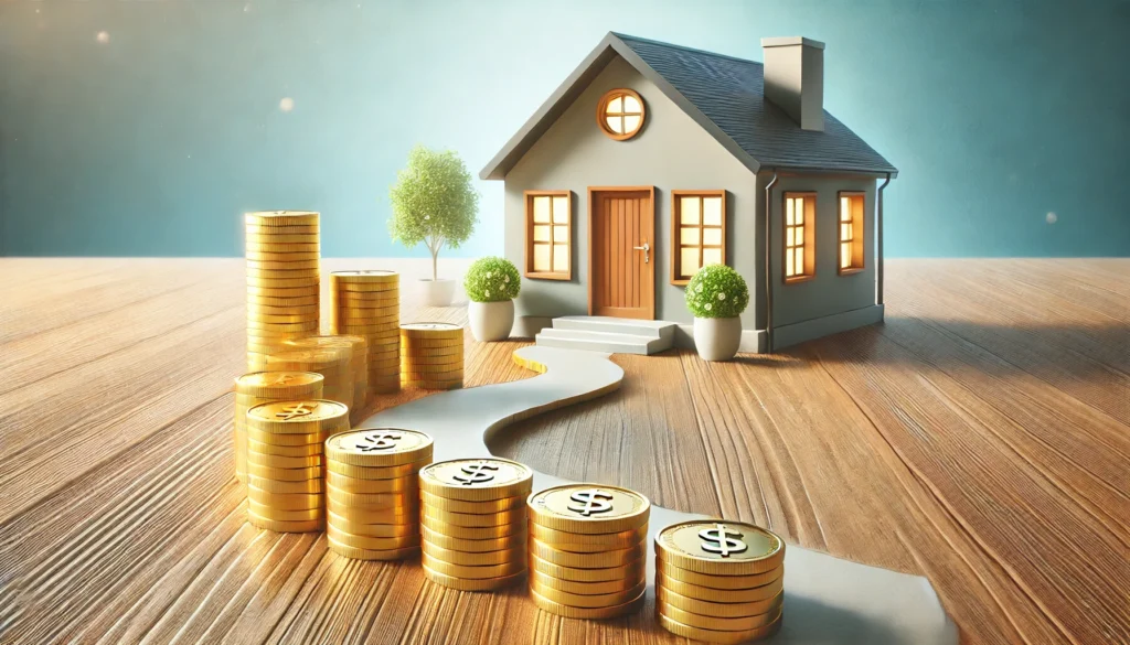 A conceptual representation of mortgage refinancing. A modern home with a pathway of gold coins leading to the front door, symbolizing financial savings and refinancing benefits. The background is bright with a clear blue sky, evoking stability and prosperity