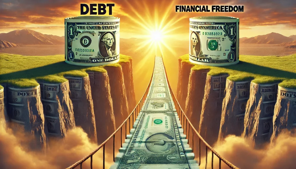 A metaphorical depiction of refinancing. A bridge made of dollar bills stretching between two cliffs labeled ‘Debt’ and ‘Financial Freedom,’ symbolizing the transition through refinancing. The background features a golden sunrise, representing new financial opportunities