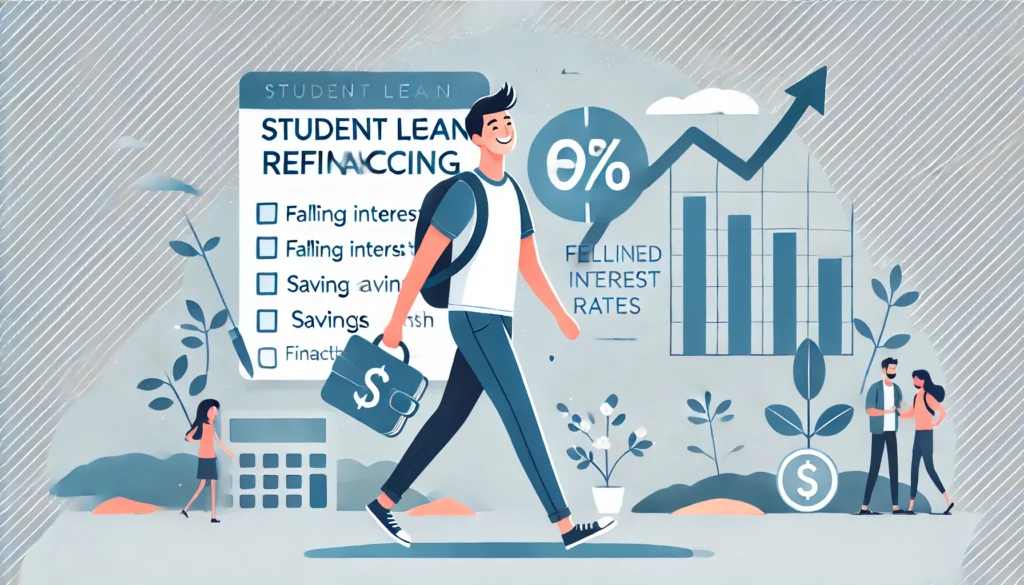 A happy individual walking outdoors confidently, symbolizing financial freedom after student loan refinancing. The background subtly represents falling interest rates, savings growth, and structured financial planning