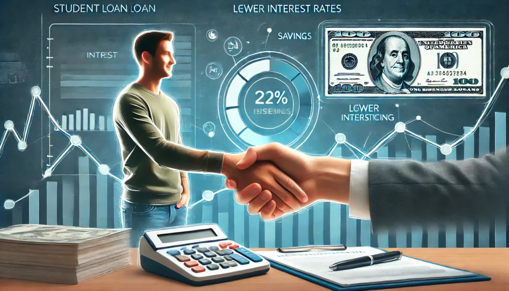 A young borrower shaking hands with a lender in a professional setting, symbolizing a successful student loan refinancing deal. The background includes abstract representations of lower interest rates, savings, and financial growth