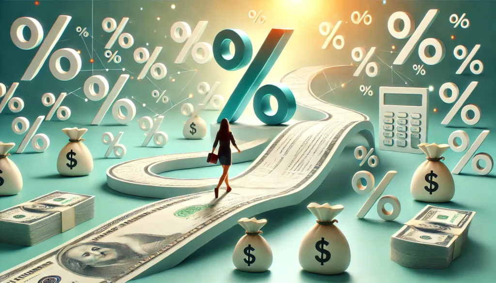 A person walking on a winding financial path surrounded by floating percentage symbols and loan documents, symbolizing student loan refinancing, interest rate reductions, and financial adjustments in an optimistic setting
