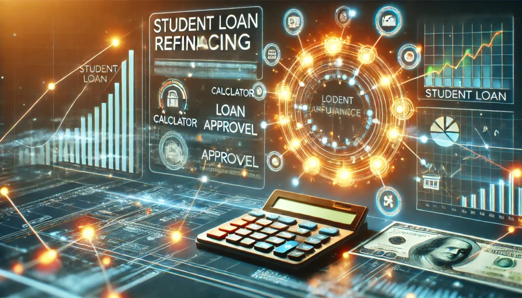 A futuristic financial dashboard featuring graphs, a calculator, and loan approval icons interconnected by glowing lines, symbolizing strategic management and refinancing of student loans in a high-tech setting.