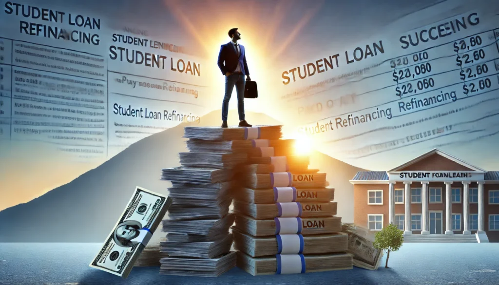 A young professional standing atop a stack of paid-off loan documents, gazing confidently at a bright sunrise, symbolizing financial freedom, stability, and success achieved through smart student loan refinancing strategies