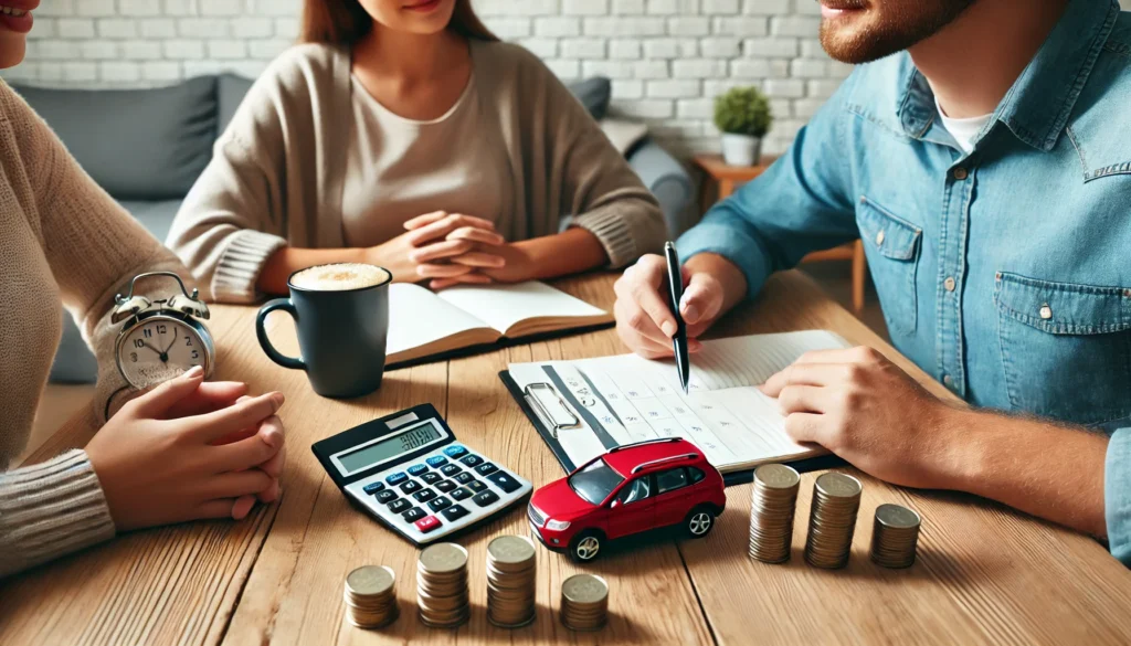 A family discussing their car budget at a dining table with a calculator, notepad, and stacks of coins, symbolizing thoughtful financial planning for a vehicle purchase.