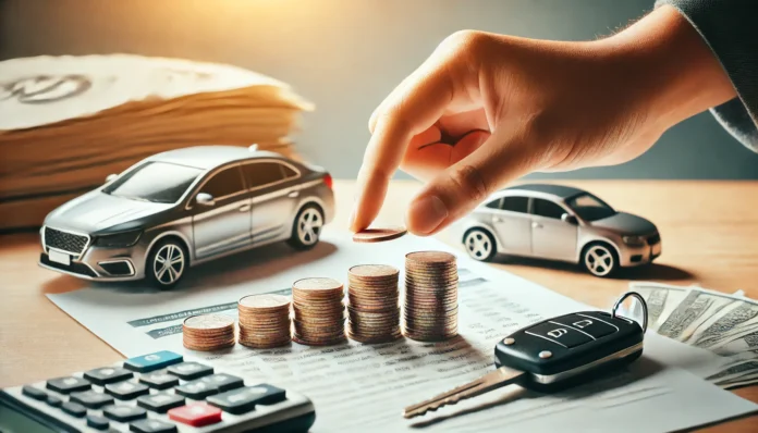 A conceptual image depicting a person placing the final coin onto a stack beside a car key and a small car model, symbolizing the completion of car loan payments. The background includes softly blurred financial documents and a calculator, reinforcing financial responsibility.