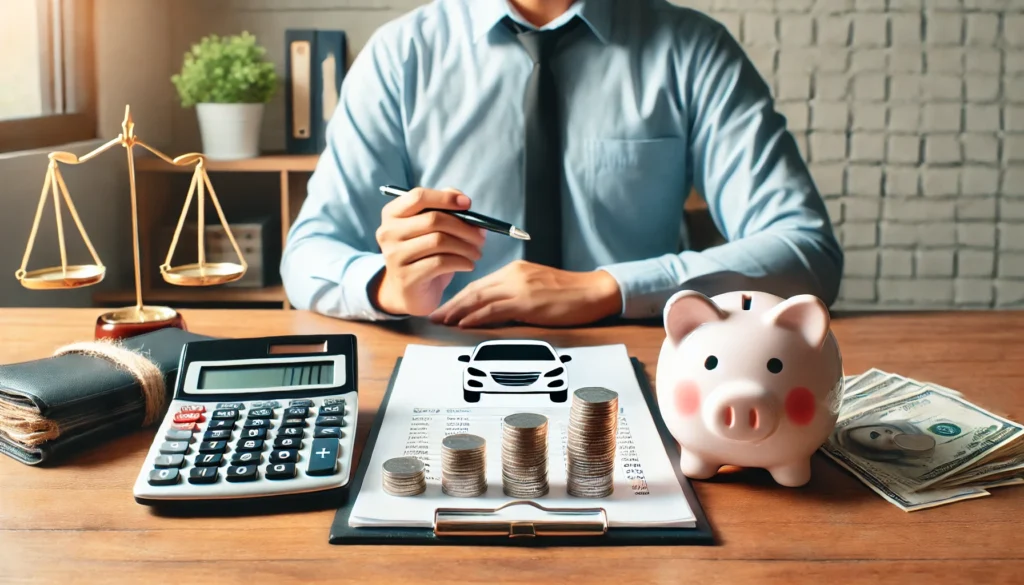 A financial planner working on a car-buying budget at a desk with a calculator, stacks of coins, and a piggy bank, symbolizing saving and financial responsibility in a home or office setting.