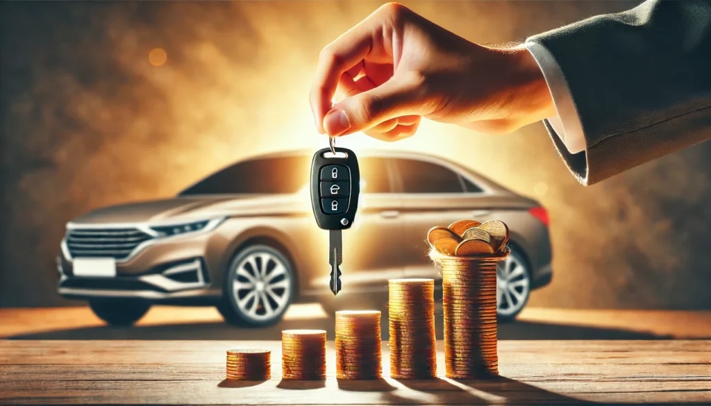 A conceptual image of a person removing a car key from a stack of coins, symbolizing full car ownership after completing loan payments. A sleek car is visible in the background with warm lighting, emphasizing financial success.