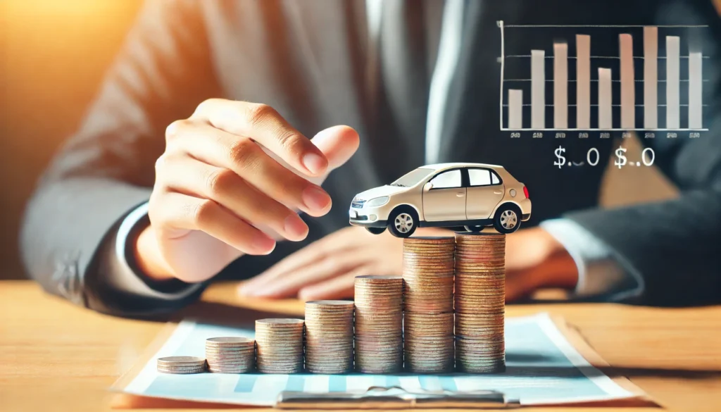 A symbolic image illustrating the final car loan payment, featuring a small car model on top of stacked coins with a hand reaching out, representing financial freedom. The blurred background includes financial charts and documents.