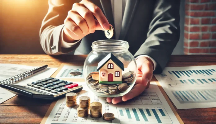 A conceptual image of a person placing coins into a transparent piggy bank containing a house model, symbolizing structured saving for homeownership. The background includes financial documents, a calculator, and graphs, reinforcing financial planning.
