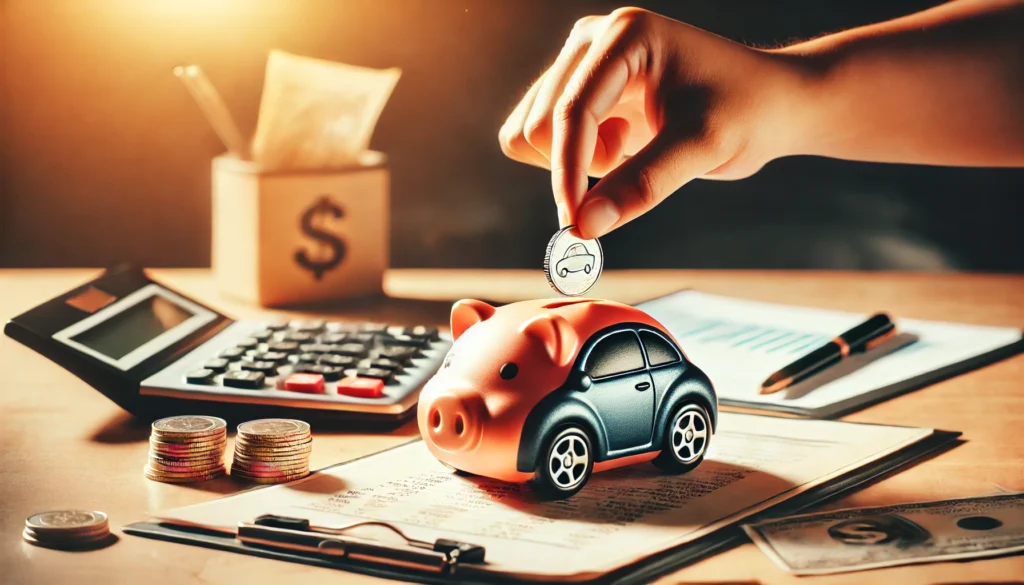 A symbolic image of a person dropping a final coin into a car-shaped piggy bank, signifying the completion of car loan payments. The softly blurred background includes financial documents and a calculator, reinforcing financial achievement.