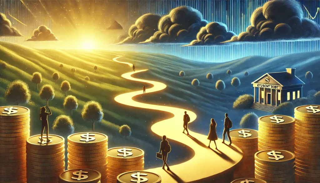 A conceptual financial roadmap showing students walking along a golden coin pathway transitioning from a dark, debt-ridden area to a bright and prosperous future.