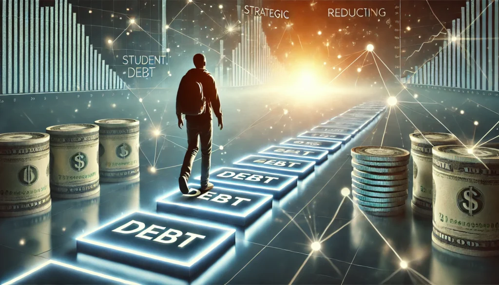 A futuristic depiction of a student stepping onto illuminated financial stepping stones rising above a sea of debt, leading toward a glowing, debt-free horizon.