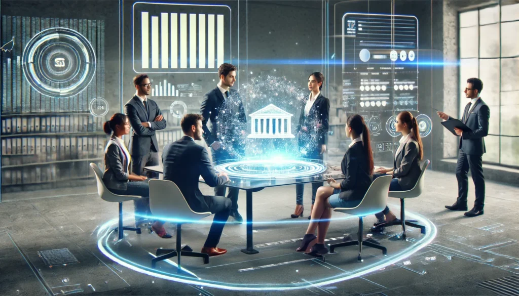 A high-tech consultation room where a financial advisor assists a diverse group of students with their loans. Holographic loan charts and AI-powered assistance highlight innovation, trust, and superior servicing.