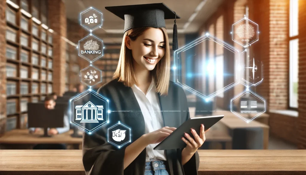 A university student engaging with an AI-powered digital banking platform for seamless loan assistance. The futuristic financial advisory space in the background conveys superior student loan management.