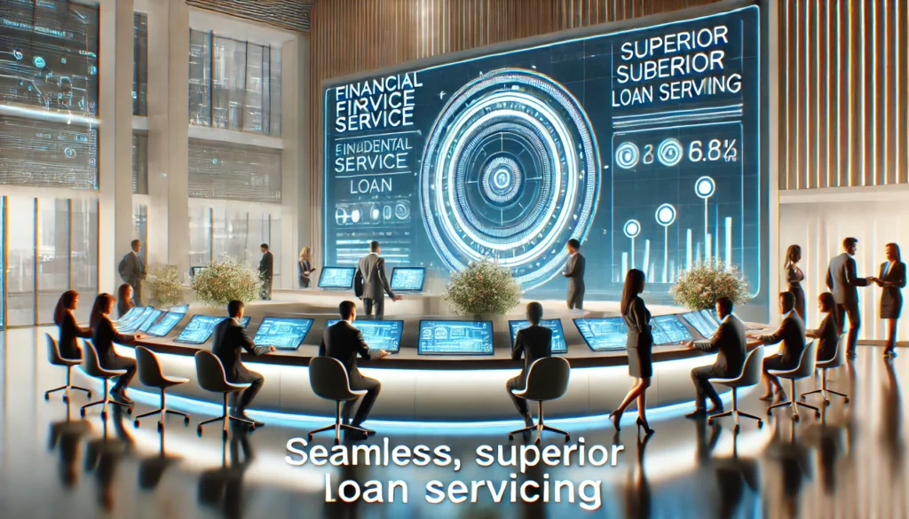 A futuristic financial service center with professional advisors using advanced digital tools to assist students with their loans. The modern office setting is bright, high-tech, and welcoming, symbolizing efficiency and trust.