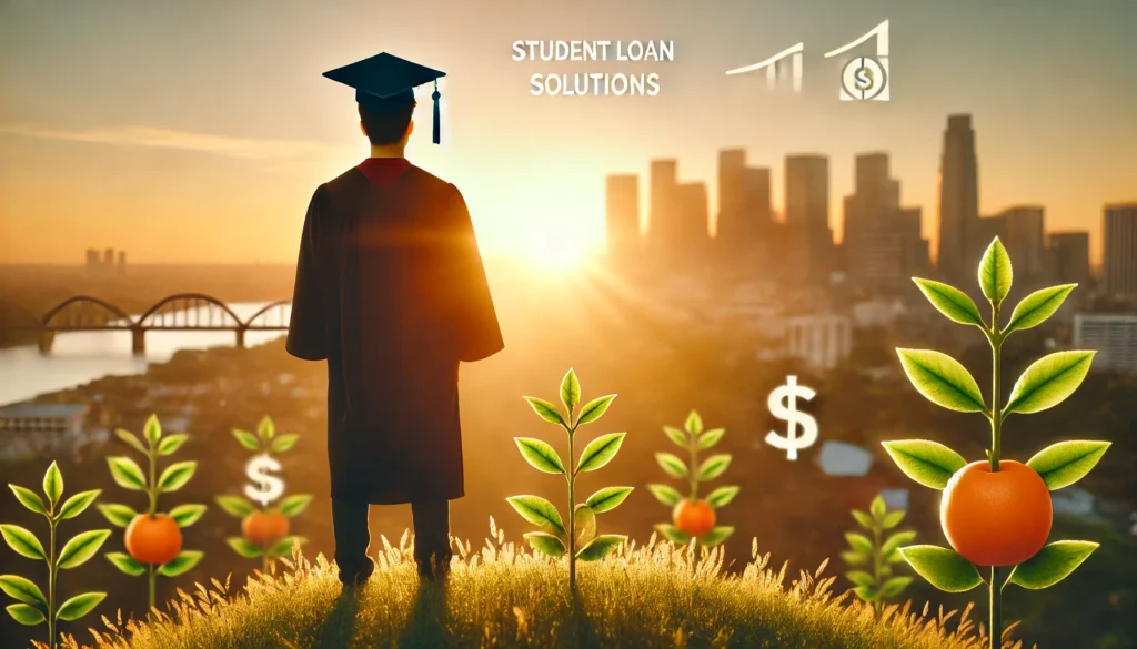 A young college graduate standing on a hill at sunrise, looking towards a bright future. The warm morning light highlights optimism and determination, symbolizing student loan solutions leading to success, with a city skyline in the background.
