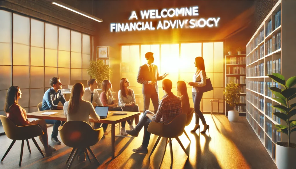 A welcoming financial advisory office bathed in the warm glow of sunrise. A diverse group of students receives guidance from a financial expert, representing support and clarity in student loan management in a modern, inviting environment.