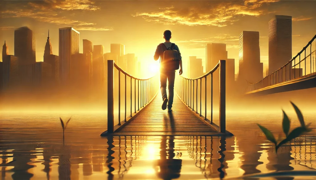 A hopeful student walking across a bridge at sunrise, symbolizing the journey to financial independence through student loan solutions. The golden sunlight reflects on the water below, representing progress, opportunity, and a successful future.