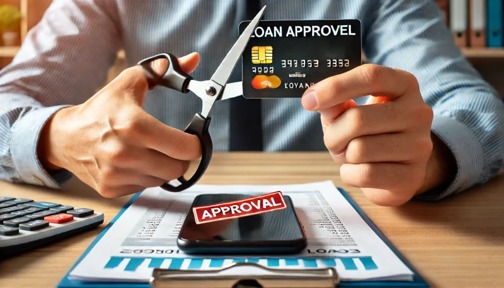 A happy couple sitting at a kitchen table, managing their finances after securing a personal loan to pay off credit card debt. The warm and bright scene includes a laptop, paperwork, and coffee cups, symbolizing financial relief and smart money management.