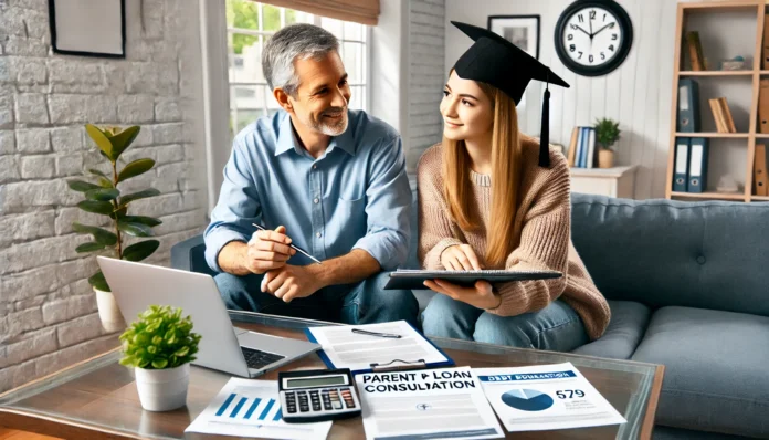 A middle-aged parent and their college graduate child sitting together at a home office, discussing Parent PLUS Loan consolidation. The scene includes a laptop displaying financial options, documents, and a calculator on the desk, symbolizing financial planning and debt management.