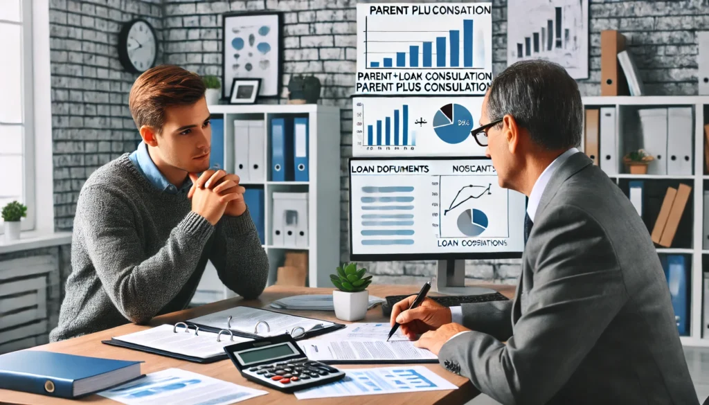 A financial advisor in a professional office helping a parent review Parent PLUS Loan consolidation options. The setting includes financial charts on a screen, loan documents on the desk, and a parent taking notes, representing informed financial decision-making and responsible debt management.