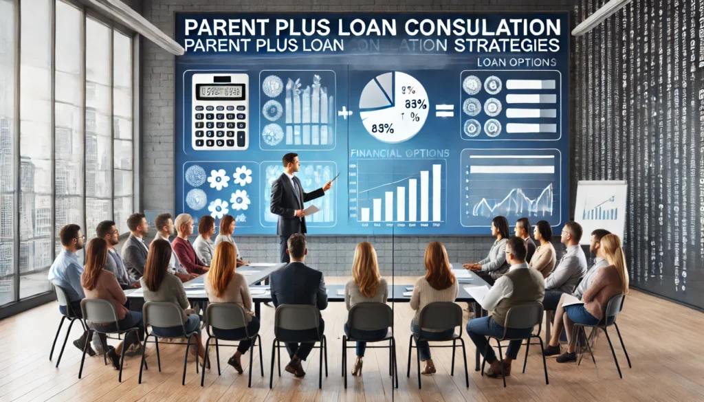 A professional financial presentation showing Parent PLUS Loan consolidation strategies to a group of parents. The setting includes a large screen displaying financial data, a financial expert explaining loan options, and engaged parents taking notes, symbolizing financial literacy and strategic planning.