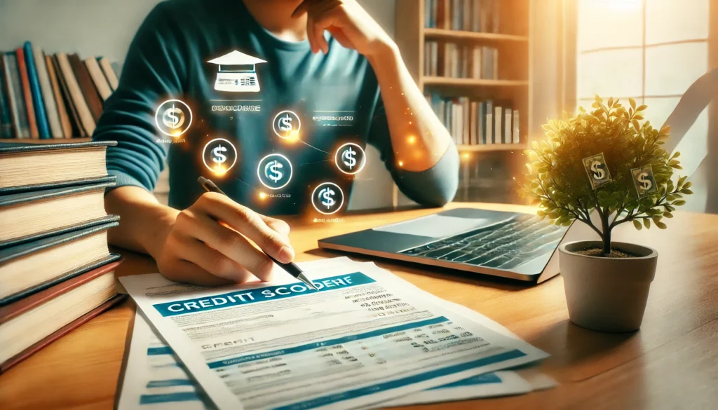 A college student sitting at a desk with a laptop, reviewing financial documents and a credit score report. The scene symbolizes responsible financial planning for education, with a bright and focused atmosphere representing financial growth and stability.