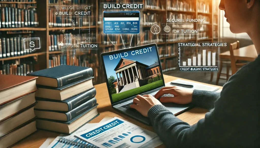 A college student sitting in a library, researching ways to build credit and secure funding for tuition. The desk is filled with books, financial documents, and a laptop displaying credit-building strategies. The scene represents education, financial growth, and strategic planning.