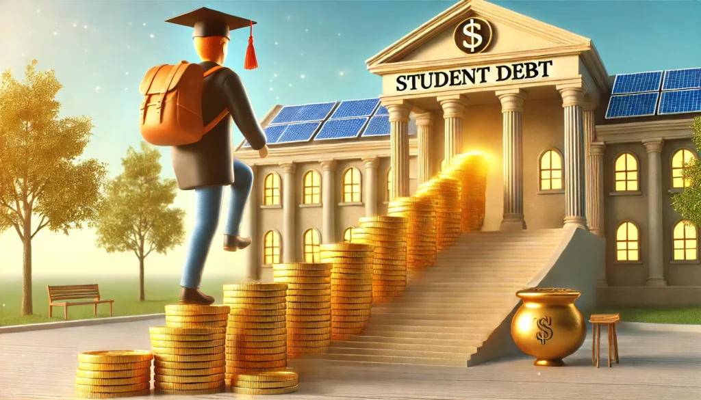 A student climbing a staircase made of golden coins leading to a university, symbolizing financial support for education. The background is bright and welcoming, emphasizing financial progress and success.