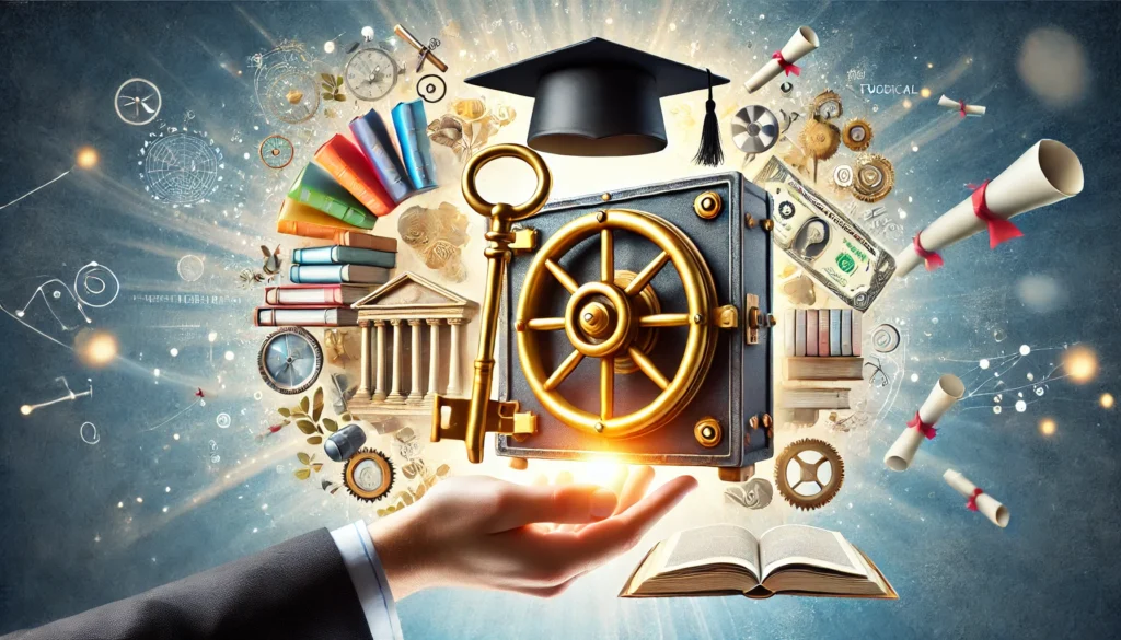 A hand holding a golden key unlocking a vault filled with education-related elements like books and a graduation cap, symbolizing financial access to higher education. The background is bright and inspiring, emphasizing financial opportunity.