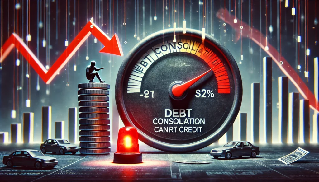 A falling credit score gauge with a red warning light, symbolizing a decline in credit rating. The background is dark and cautionary, emphasizing financial risks.