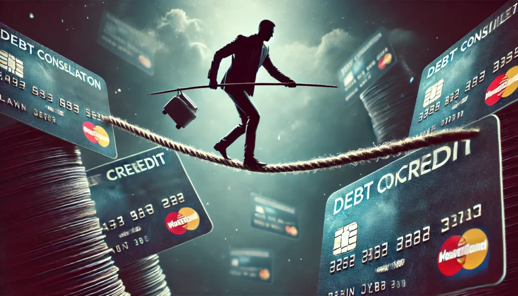 A person walking on a tightrope made of credit cards, struggling to maintain balance, symbolizing financial instability and credit risks. The background is dark and uncertain, emphasizing financial caution.