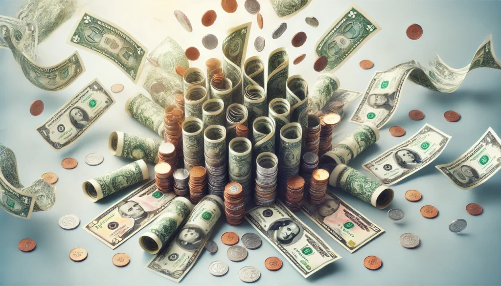 Multiple scattered bills and coins merging into a single organized stack of money, symbolizing the simplification of financial obligations. The background is bright and calming, emphasizing financial control and stability.