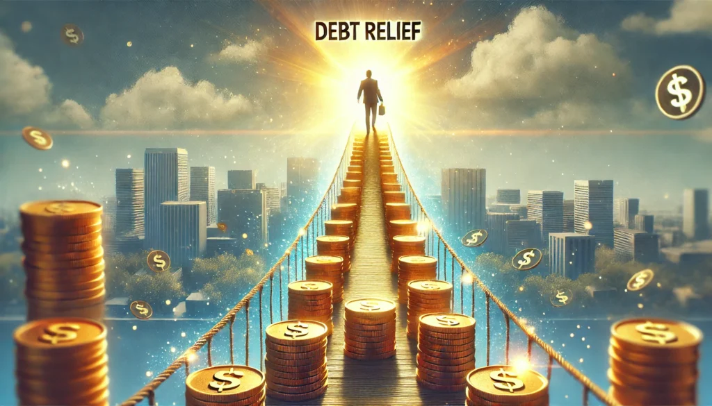 A person walking across a bridge made of gold coins, moving from financial hardship to stability, symbolizing financial support and recovery. The background is bright and hopeful, emphasizing financial freedom.