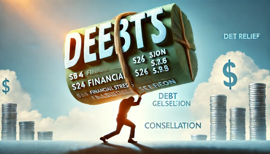 A person removing a heavy weight representing financial stress from their shoulders, symbolizing debt burden reduction and relief. The background is bright and peaceful, emphasizing financial security and control.