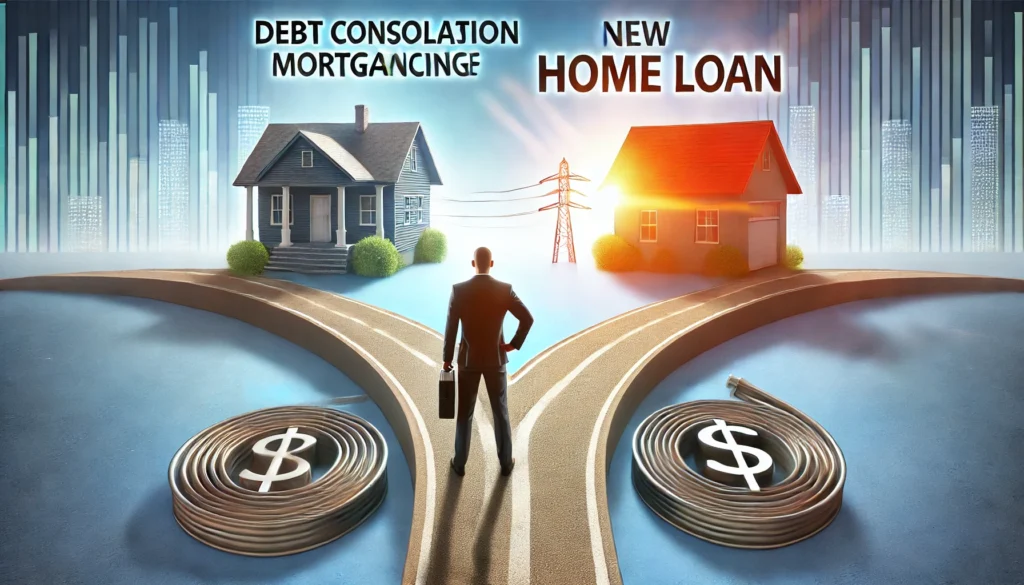 A person standing at a forked financial road, one path leading to mortgage refinancing and the other to a new home loan, symbolizing financial decision-making. The background is bright and professional, emphasizing financial choice.